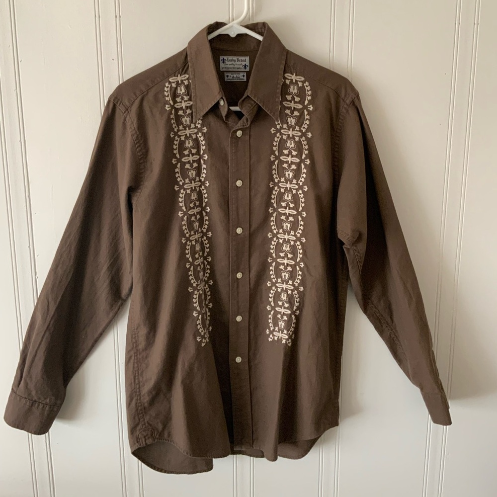 Lucky Brand Brown Embroidered Casual Button Down Shirt